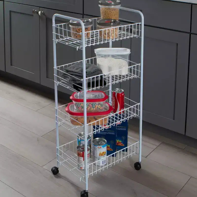 Chariot roulant à 4 niveaux : rangement utilitaire en acier, blanc, nettoyage ciblé, assemblage par un adulte requis