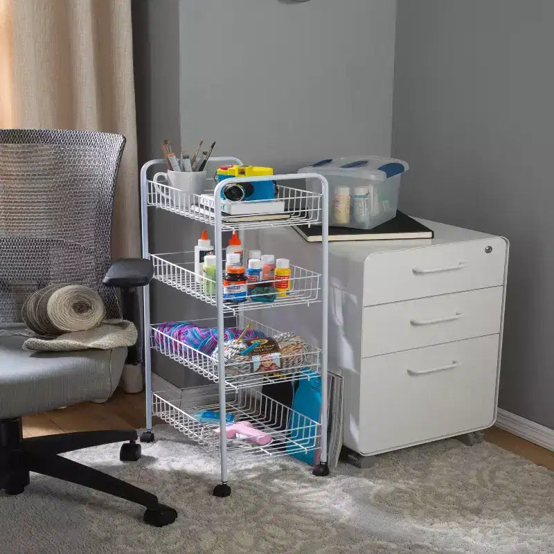 Chariot roulant à 4 niveaux : rangement utilitaire en acier, blanc, nettoyage ciblé, assemblage par un adulte requis