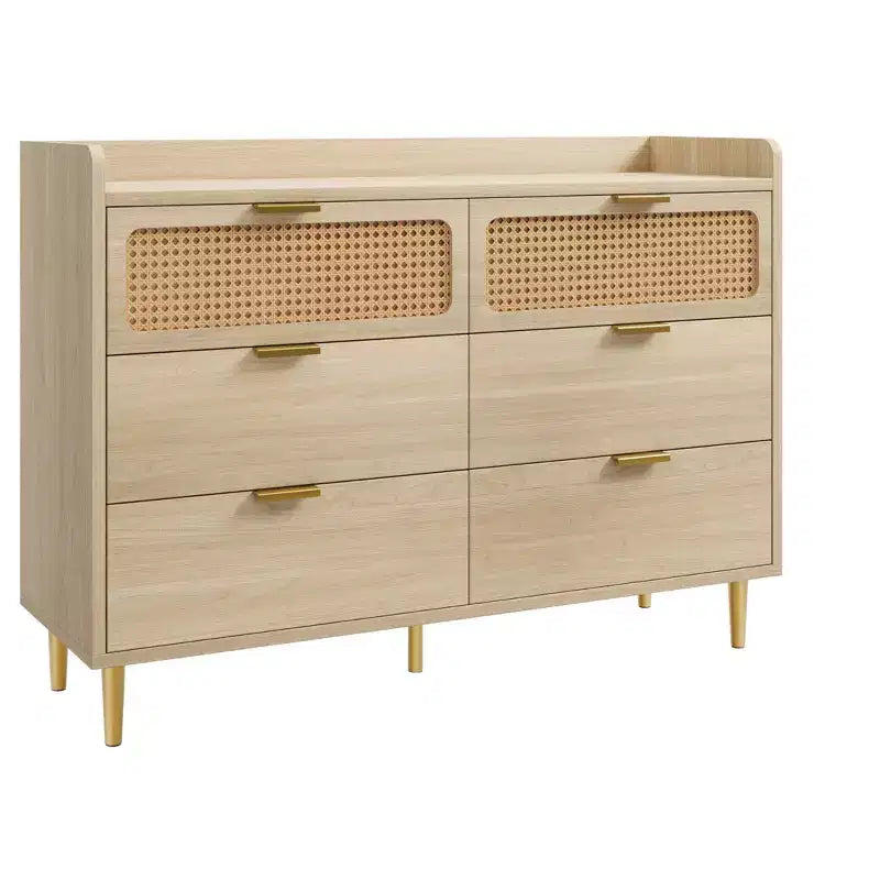 Commode à 6 tiroirs, design rotin, grand rangement, meuble TV de style mid-century moderne doré avec pieds hauts,
