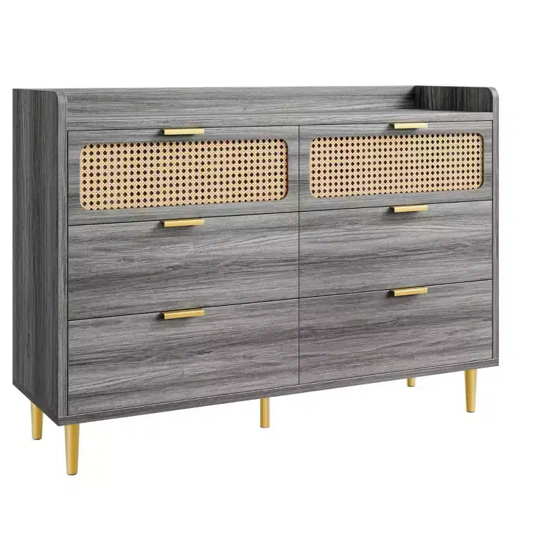 Commode à 6 tiroirs, design rotin, grand rangement, meuble TV de style mid-century moderne doré avec pieds hauts,