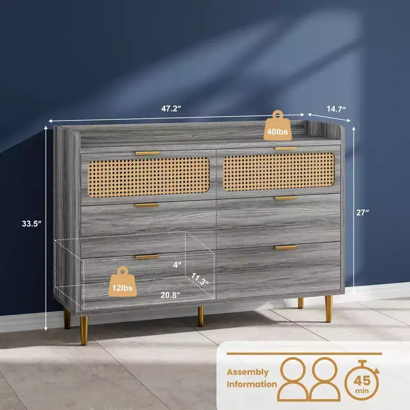 Commode à 6 tiroirs, design rotin, grand rangement, meuble TV de style mid-century moderne doré avec pieds hauts,