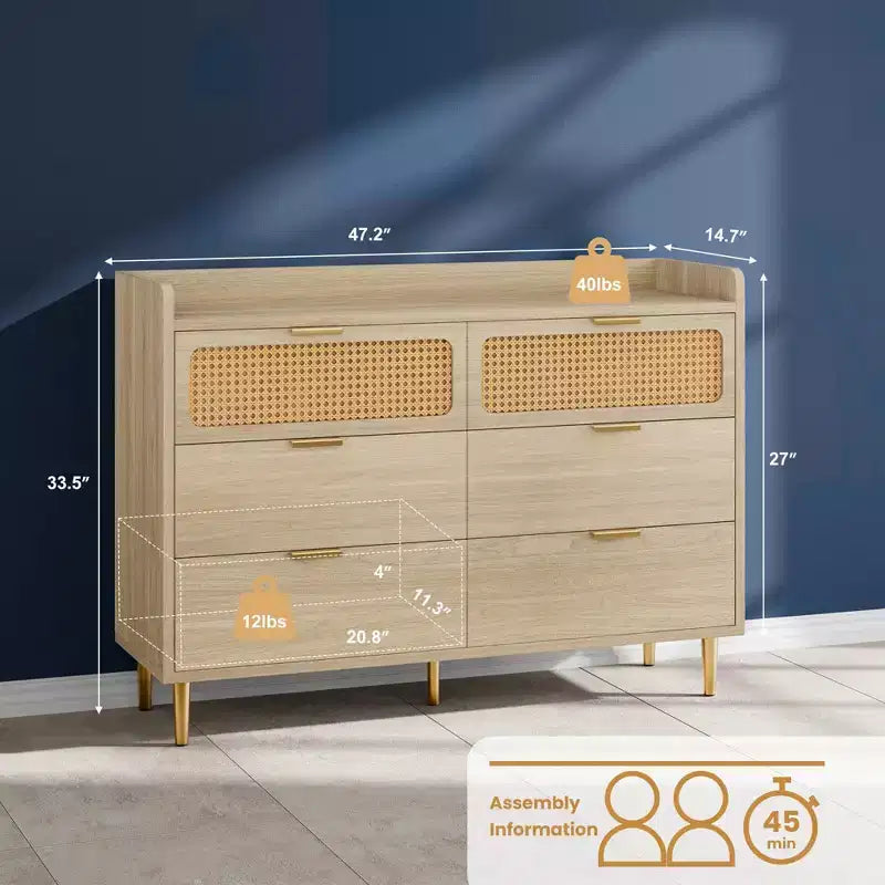 Commode à 6 tiroirs, design rotin, grand rangement, meuble TV de style mid-century moderne doré avec pieds hauts,