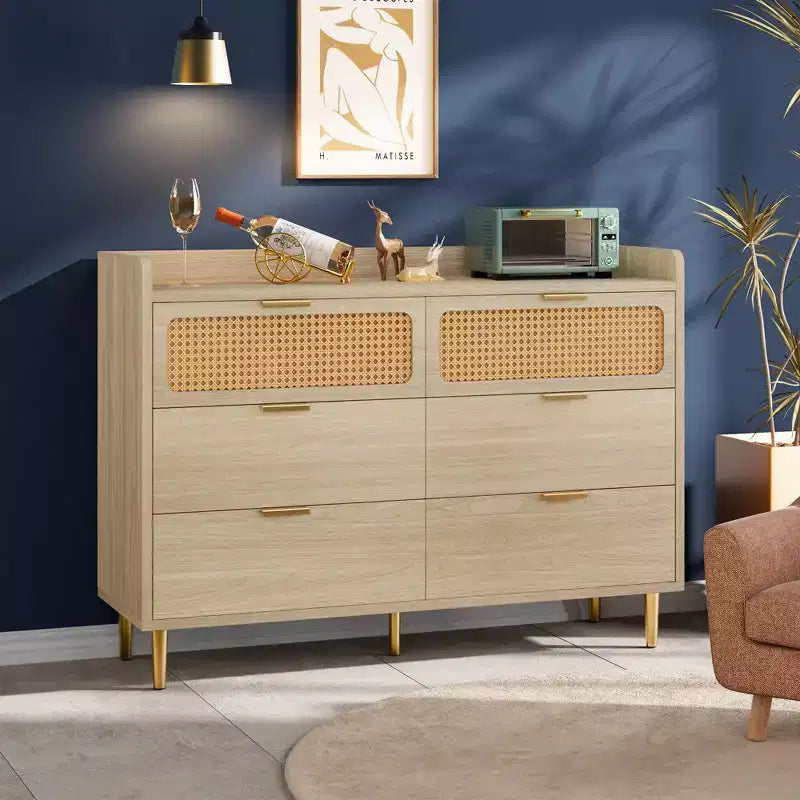 Commode à 6 tiroirs, design rotin, grand rangement, meuble TV de style mid-century moderne doré avec pieds hauts,