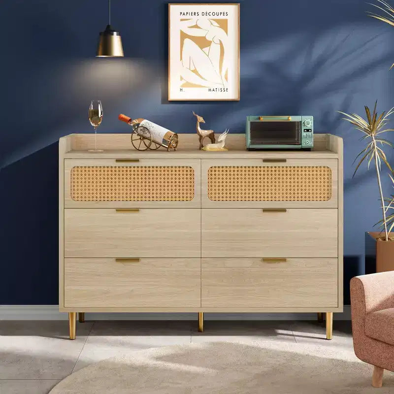 Commode à 6 tiroirs, design rotin, grand rangement, meuble TV de style mid-century moderne doré avec pieds hauts,