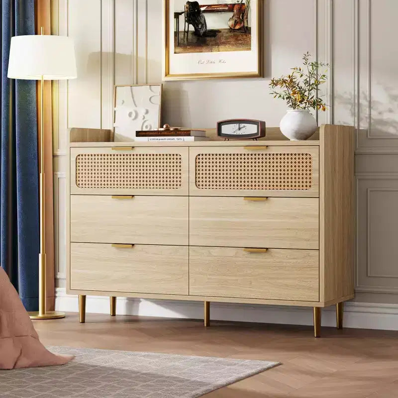 Commode à 6 tiroirs, design rotin, grand rangement, meuble TV de style mid-century moderne doré avec pieds hauts,