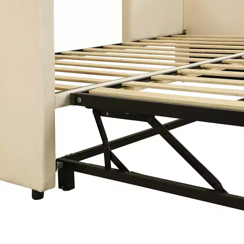 Lit de repos rembourré avec lit gigogne escamotable, cadre de lit de repos double en bois avec lit gigogne extensible, lit de repos-canapé capitonné