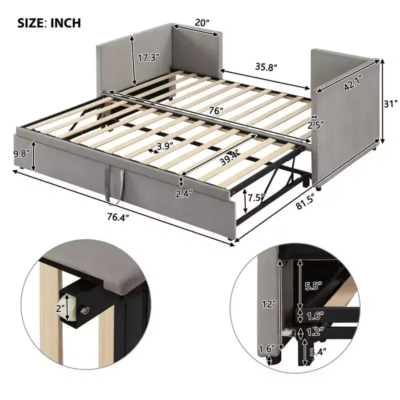 Lit de repos rembourré avec lit gigogne escamotable, cadre de lit de repos double en bois avec lit gigogne extensible, lit de repos-canapé capitonné