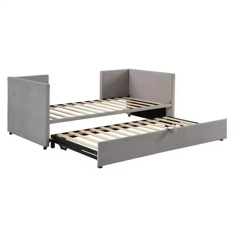 Lit de repos rembourré avec lit gigogne escamotable, cadre de lit de repos double en bois avec lit gigogne extensible, lit de repos-canapé capitonné