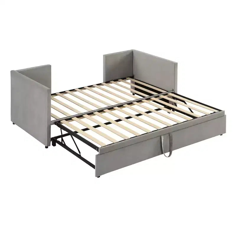 Lit de repos rembourré avec lit gigogne escamotable, cadre de lit de repos double en bois avec lit gigogne extensible, lit de repos-canapé capitonné