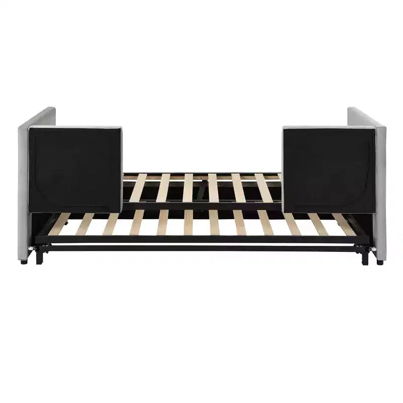 Lit de repos rembourré avec lit gigogne escamotable, cadre de lit de repos double en bois avec lit gigogne extensible, lit de repos-canapé capitonné