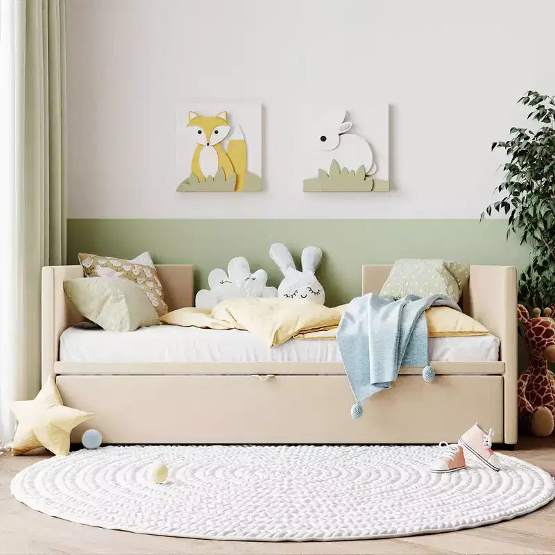 Lit de repos rembourré avec lit gigogne escamotable, cadre de lit de repos double en bois avec lit gigogne extensible, lit de repos-canapé capitonné