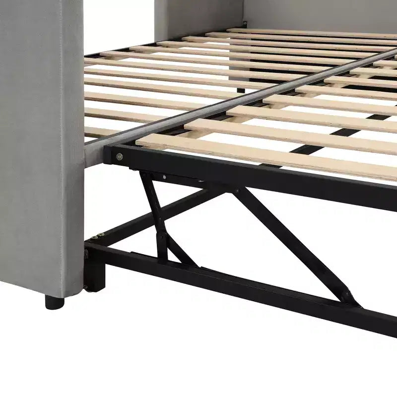 Lit de repos rembourré avec lit gigogne escamotable, cadre de lit de repos double en bois avec lit gigogne extensible, lit de repos-canapé capitonné