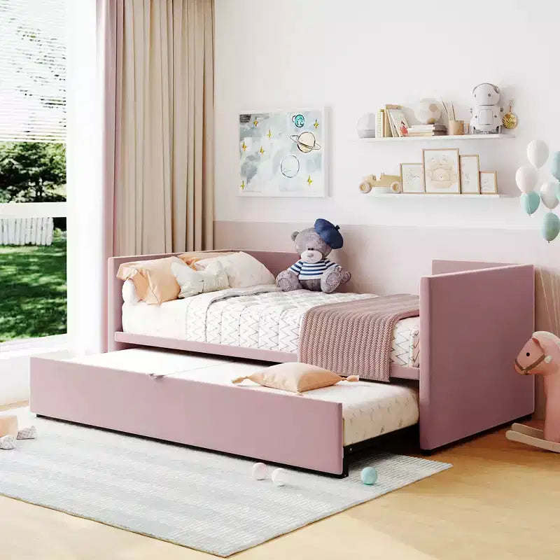 Lit de repos rembourré avec lit gigogne escamotable, cadre de lit de repos double en bois avec lit gigogne extensible, lit de repos-canapé capitonné