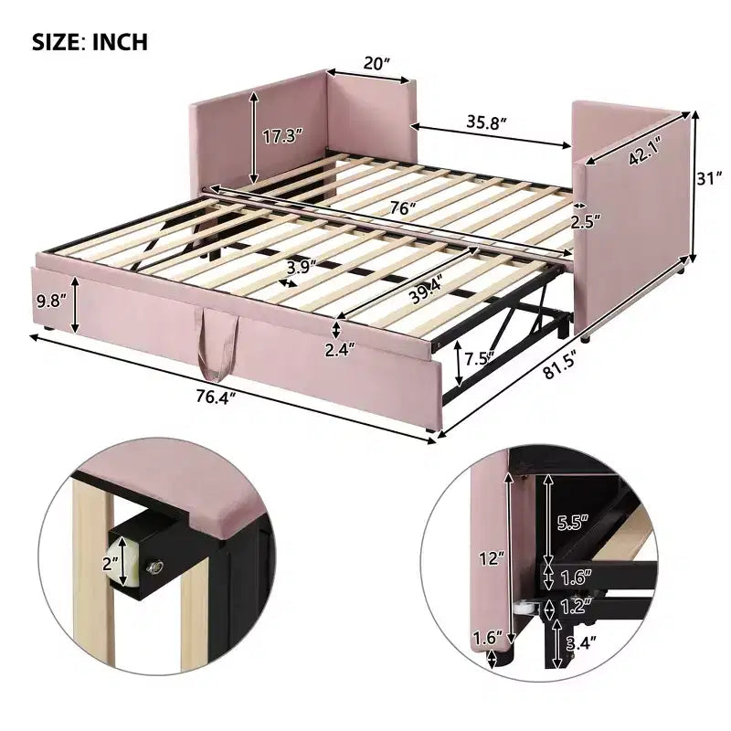 Lit de repos rembourré avec lit gigogne escamotable, cadre de lit de repos double en bois avec lit gigogne extensible, lit de repos-canapé capitonné