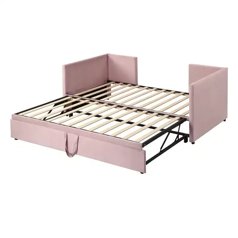Lit de repos rembourré avec lit gigogne escamotable, cadre de lit de repos double en bois avec lit gigogne extensible, lit de repos-canapé capitonné
