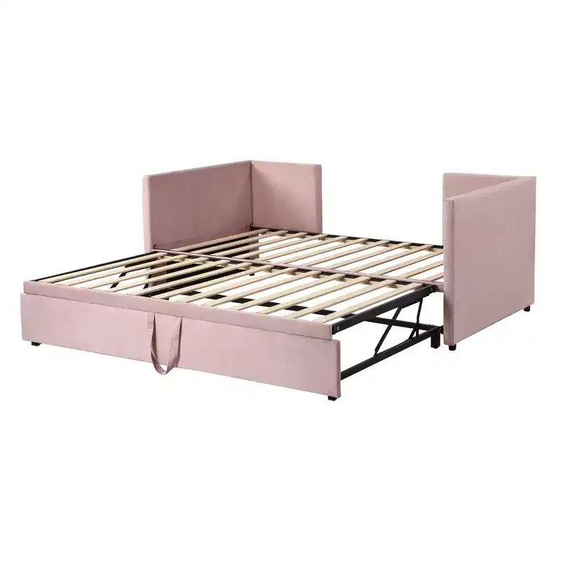 Lit de repos rembourré avec lit gigogne escamotable, cadre de lit de repos double en bois avec lit gigogne extensible, lit de repos-canapé capitonné
