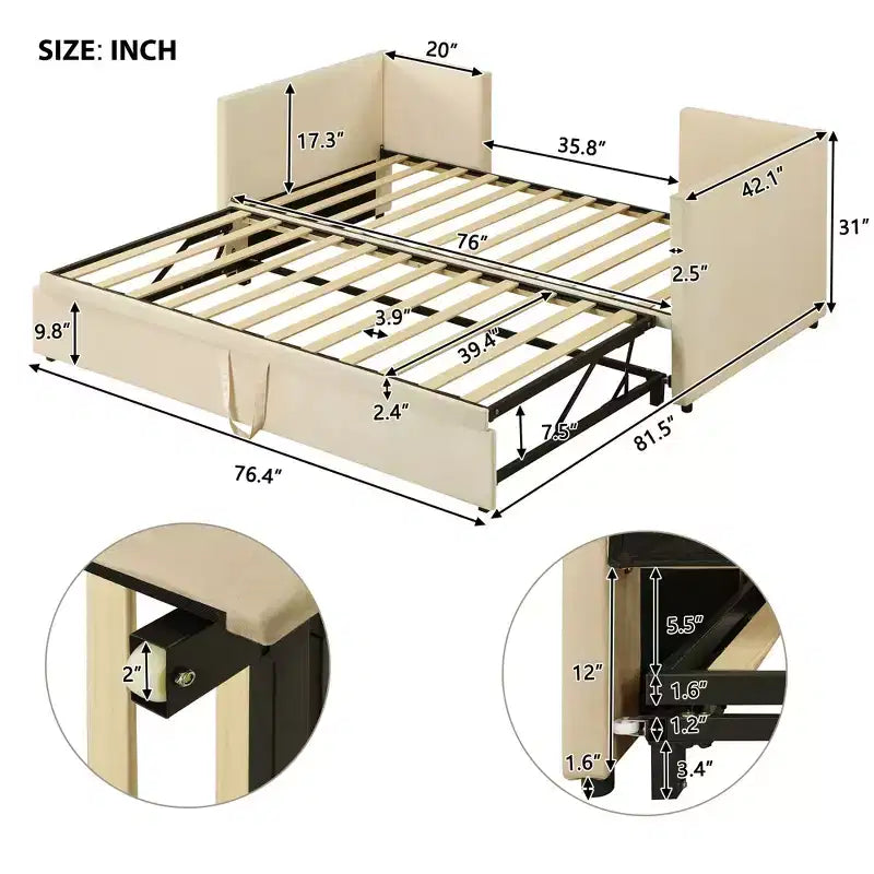 Lit de repos rembourré avec lit gigogne escamotable, cadre de lit de repos double en bois avec lit gigogne extensible, lit de repos-canapé capitonné