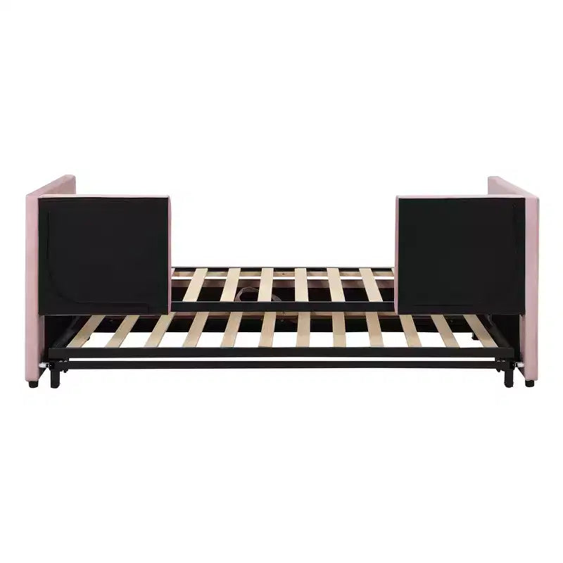 Lit de repos rembourré avec lit gigogne escamotable, cadre de lit de repos double en bois avec lit gigogne extensible, lit de repos-canapé capitonné