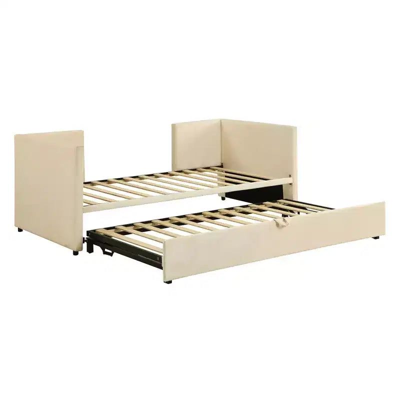 Lit de repos rembourré avec lit gigogne escamotable, cadre de lit de repos double en bois avec lit gigogne extensible, lit de repos-canapé capitonné