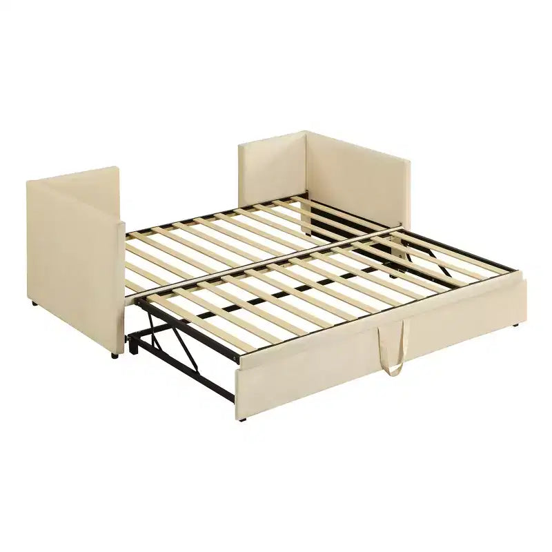 Lit de repos rembourré avec lit gigogne escamotable, cadre de lit de repos double en bois avec lit gigogne extensible, lit de repos-canapé capitonné