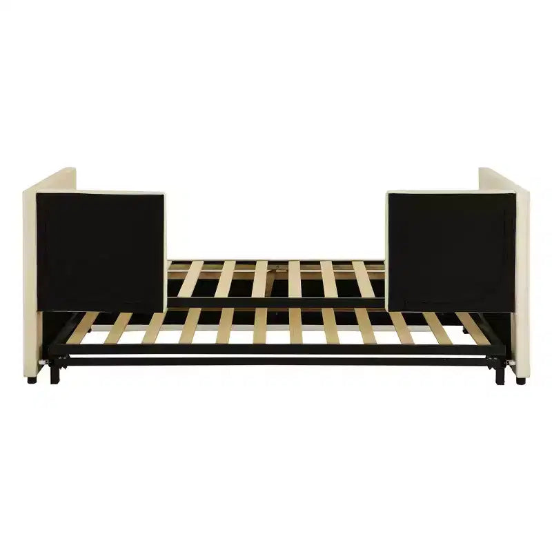 Lit de repos rembourré avec lit gigogne escamotable, cadre de lit de repos double en bois avec lit gigogne extensible, lit de repos-canapé capitonné