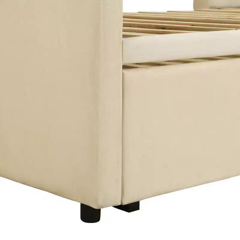 Lit de repos rembourré avec lit gigogne escamotable, cadre de lit de repos double en bois avec lit gigogne extensible, lit de repos-canapé capitonné