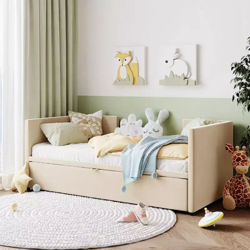 Upholstered Daybed with Pop up Trundle, Wooden Twin Daybed Frame with Extendable Trundle, Tufted Sofa Bed Daybed