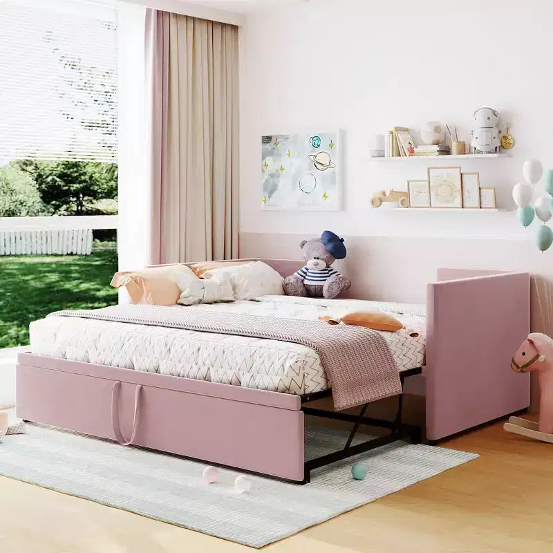 Lit de repos rembourré avec lit gigogne escamotable, cadre de lit de repos double en bois avec lit gigogne extensible, lit de repos-canapé capitonné