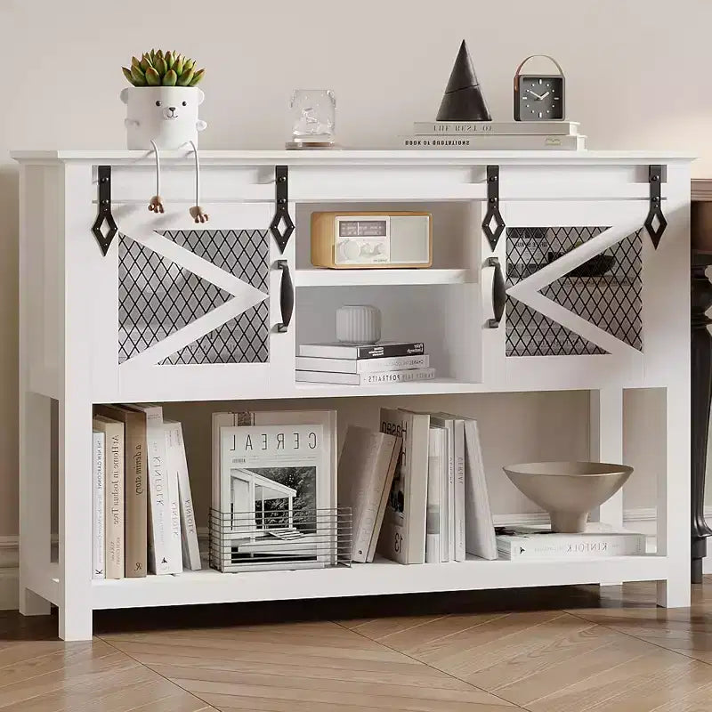 Console de Couloir de Ferme avec Portes Coulissantes, Tables d'Appoint pour Entrée, Table d'Entrée, Blanc