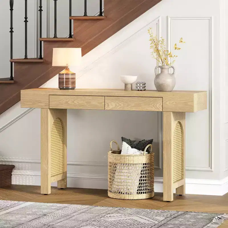 Rattan Narrow Console Table with Storage, Minimalist Wood Entryway Table with Drawers for Living Room and Hallway, Natural
