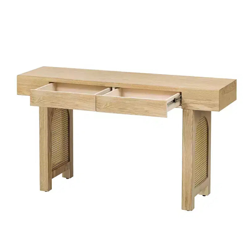 Console étroite en rotin avec rangement, table d'entrée minimaliste en bois avec tiroirs pour salon et couloir, naturel