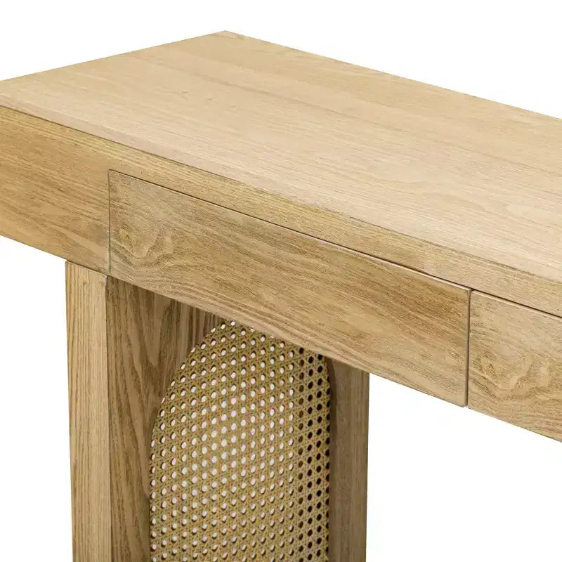 Console étroite en rotin avec rangement, table d'entrée minimaliste en bois avec tiroirs pour salon et couloir, naturel