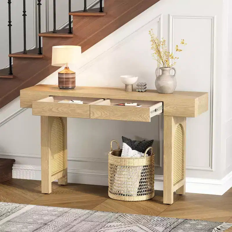 Console étroite en rotin avec rangement, table d'entrée minimaliste en bois avec tiroirs pour salon et couloir, naturel