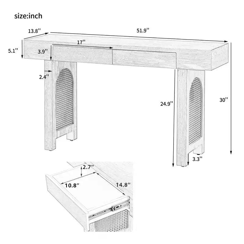 Console étroite en rotin avec rangement, table d'entrée minimaliste en bois avec tiroirs pour salon et couloir, naturel