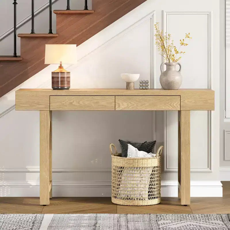 Console étroite en rotin avec rangement, table d'entrée minimaliste en bois avec tiroirs pour salon et couloir, naturel