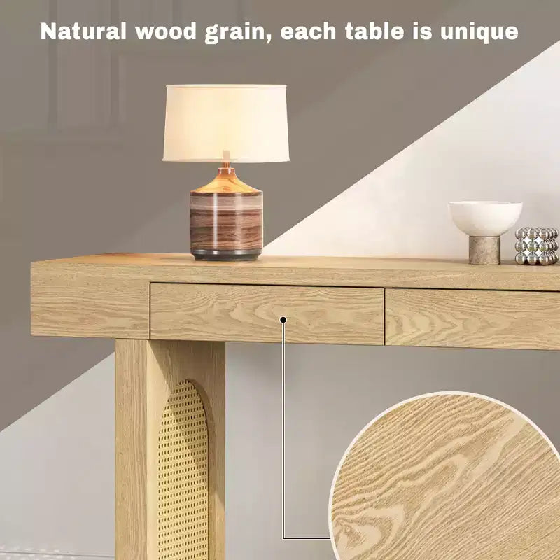 Console étroite en rotin avec rangement, table d'entrée minimaliste en bois avec tiroirs pour salon et couloir, naturel