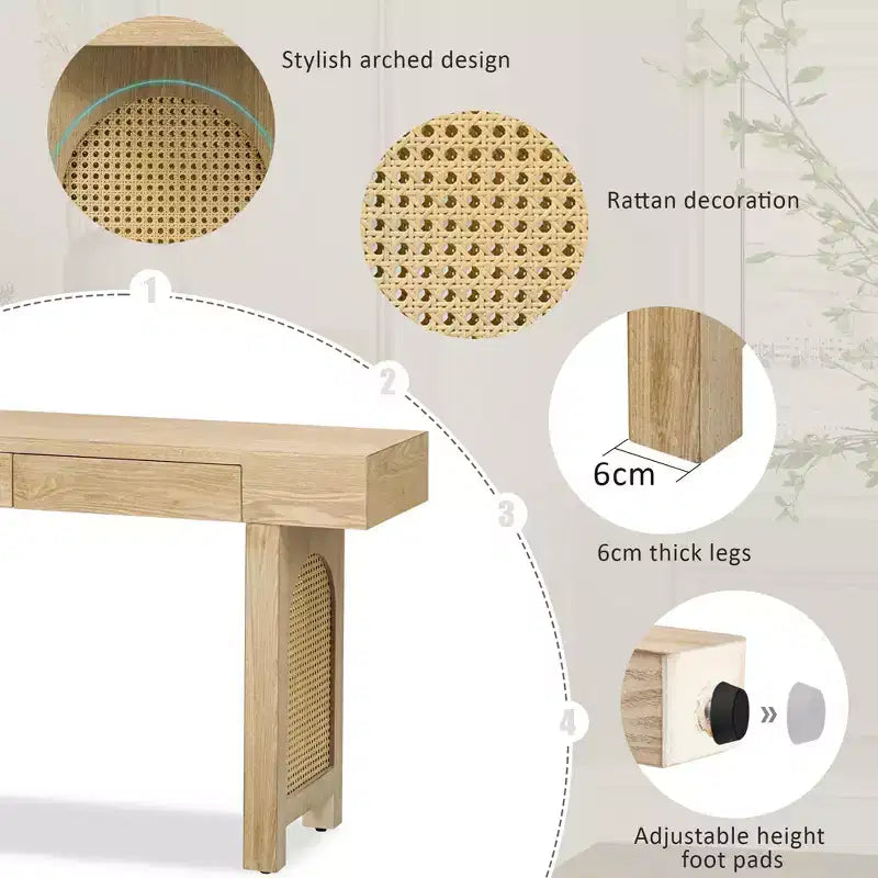 Console étroite en rotin avec rangement, table d'entrée minimaliste en bois avec tiroirs pour salon et couloir, naturel