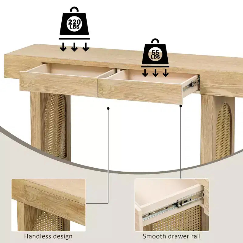 Console étroite en rotin avec rangement, table d'entrée minimaliste en bois avec tiroirs pour salon et couloir, naturel