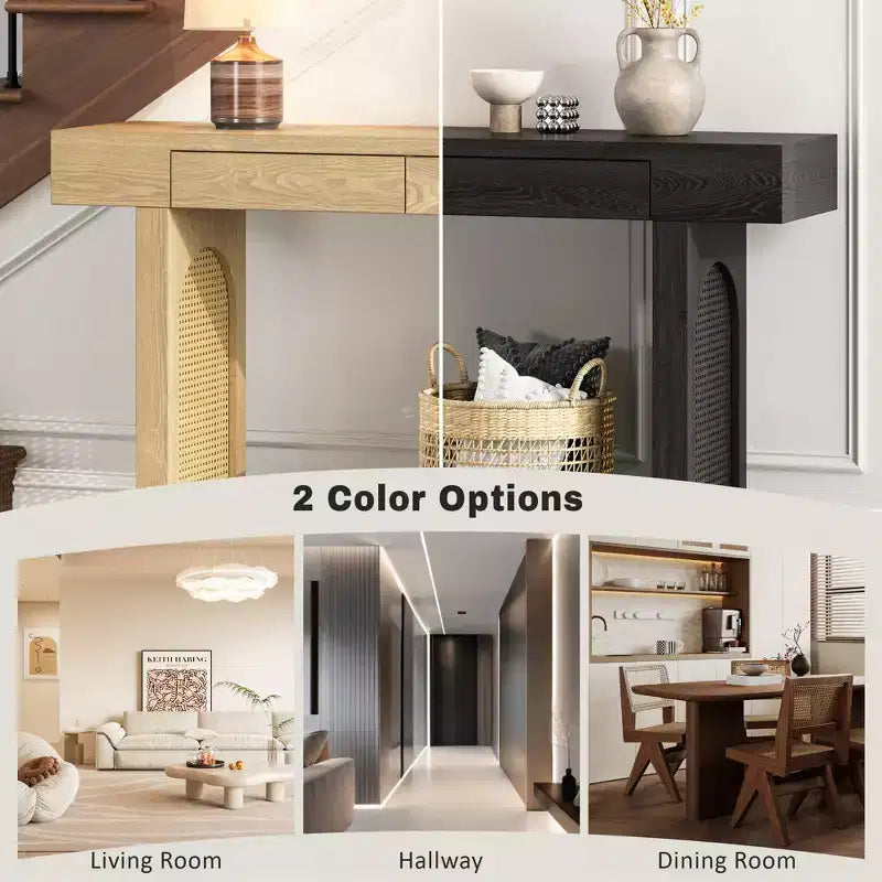 Console étroite en rotin avec rangement, table d'entrée minimaliste en bois avec tiroirs pour salon et couloir, naturel
