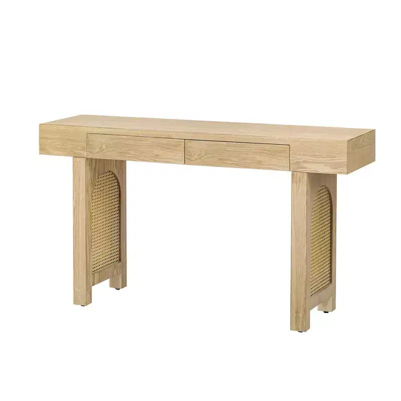 Console étroite en rotin avec rangement, table d'entrée minimaliste en bois avec tiroirs pour salon et couloir, naturel