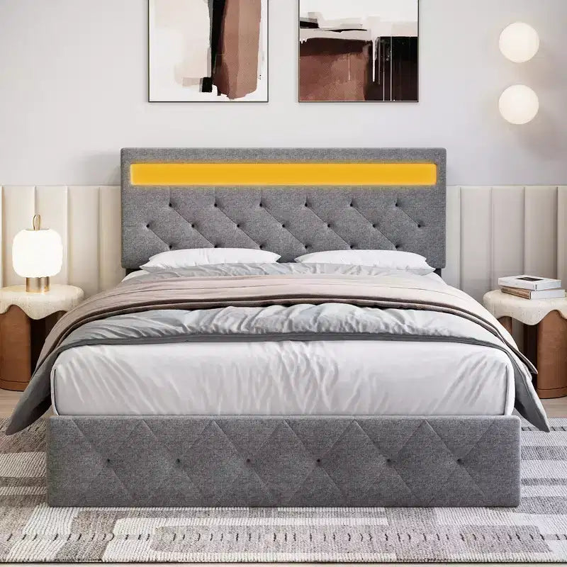 Bed Frame, Adjustable Headboard, Wood Slat Support Bed Frame, Strong Support Slats, No Box Spring Needed, Easy Assembly