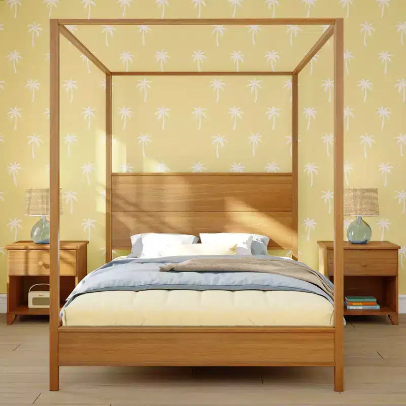 Lit à baldaquin avec poteau carré et tête de lit en bois (Queen)