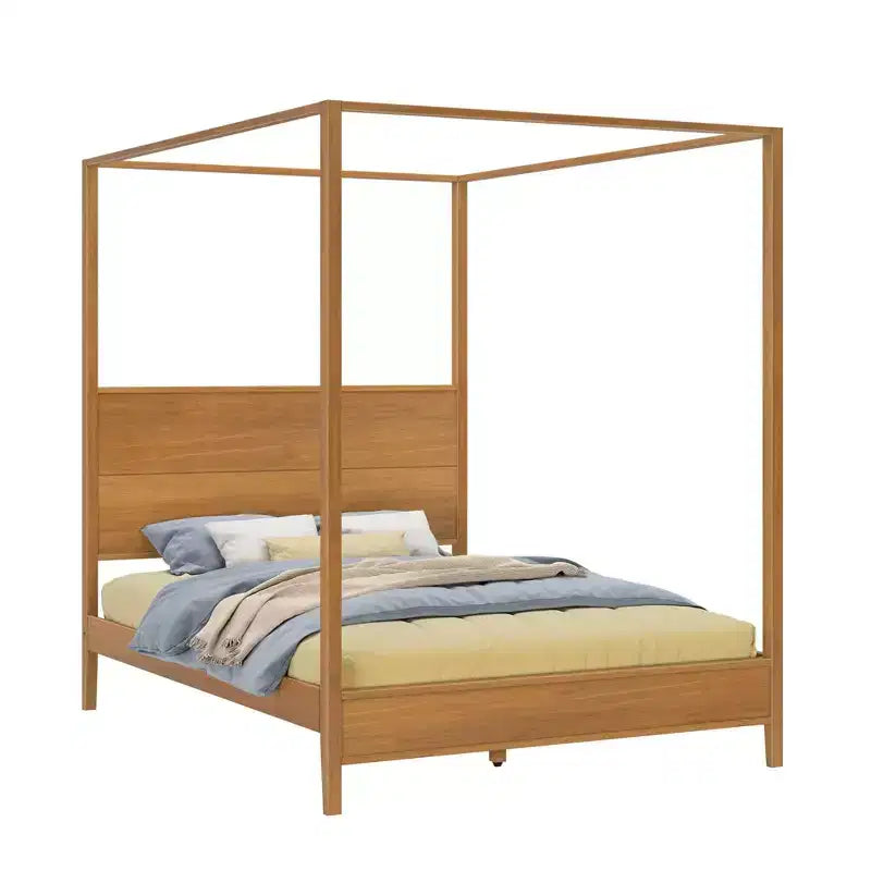 Lit à baldaquin avec poteau carré et tête de lit en bois (Queen)