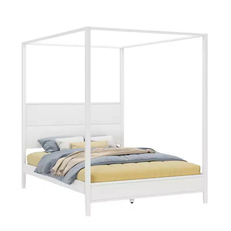 Lit à baldaquin avec poteau carré et tête de lit en bois (Queen)