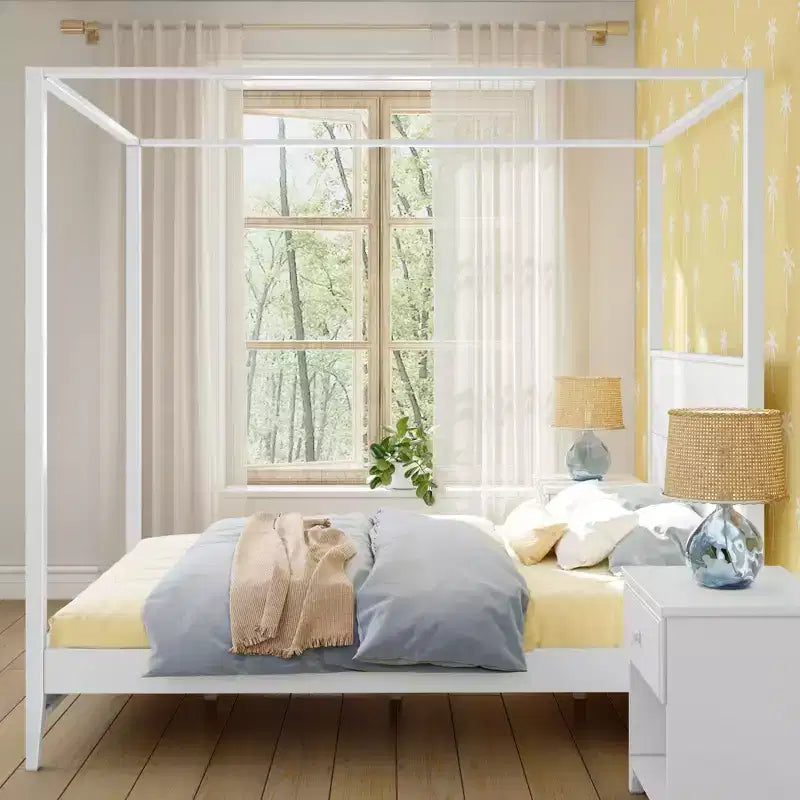 Lit à baldaquin avec poteau carré et tête de lit en bois (Queen)