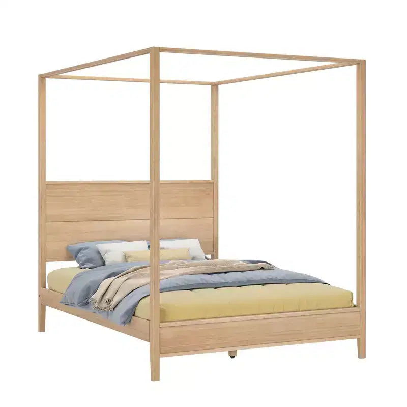 Lit à baldaquin avec poteau carré et tête de lit en bois (Queen)