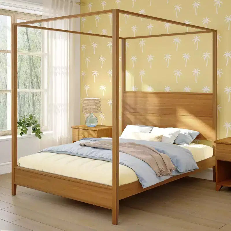 Lit à baldaquin avec poteau carré et tête de lit en bois (Queen)
