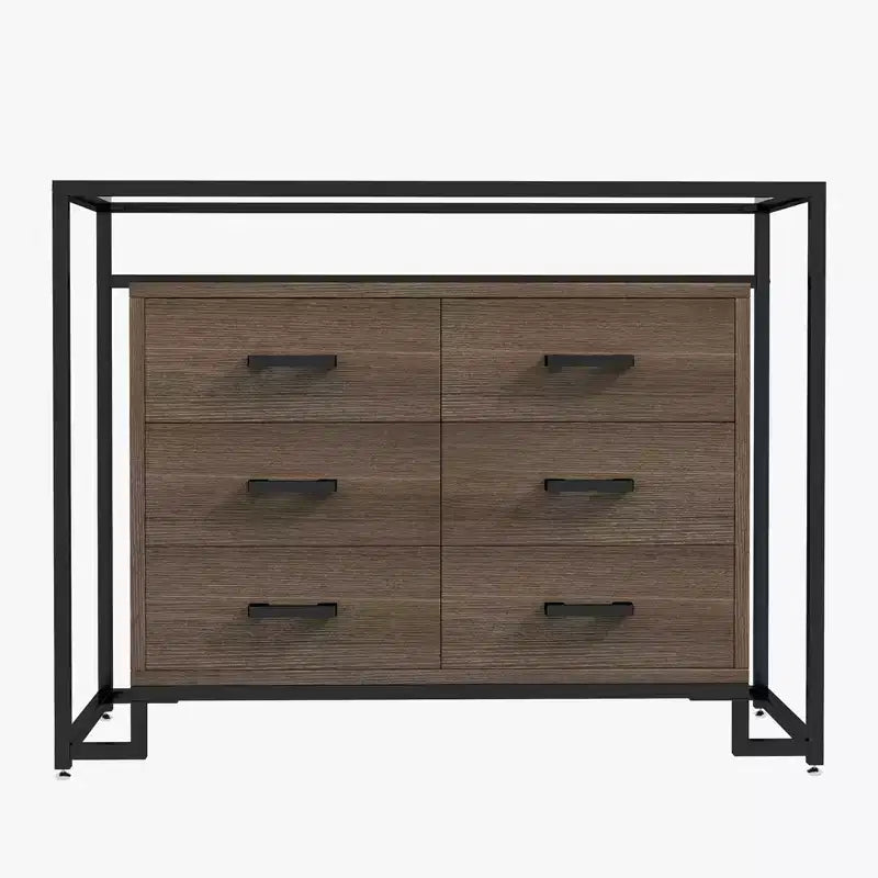 Storage cabinet, six drawers, tempered glass and wooden base, durable steel frame and spacious drawers, suitable for living room, entryway, bedroom.