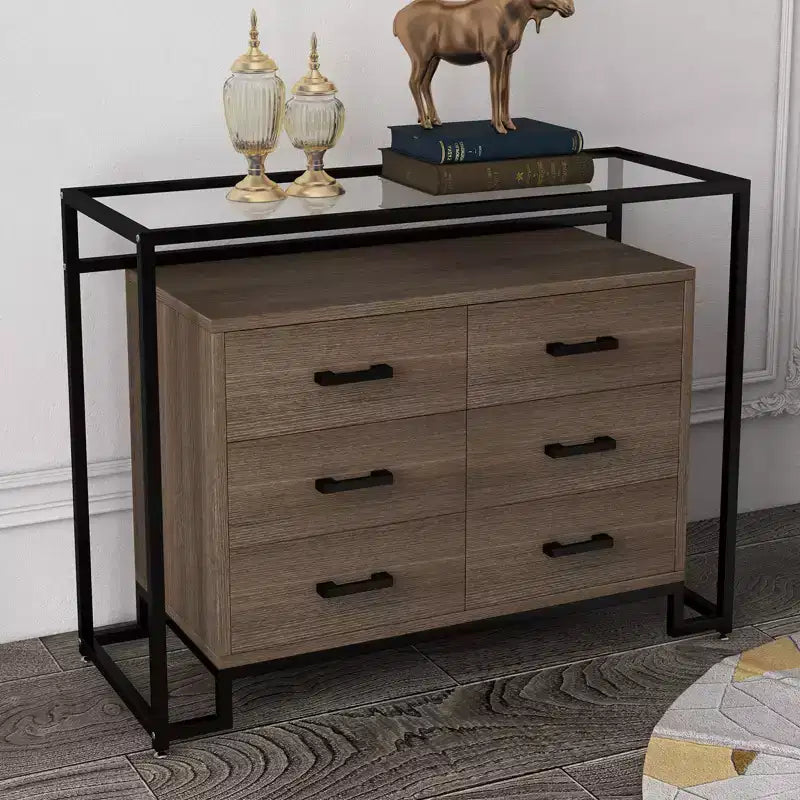 Meuble de rangement, six tiroirs, verre trempé et base en bois, cadre en acier durable et tiroirs spacieux, convient pour le salon, l'entrée, la chambre à coucher.