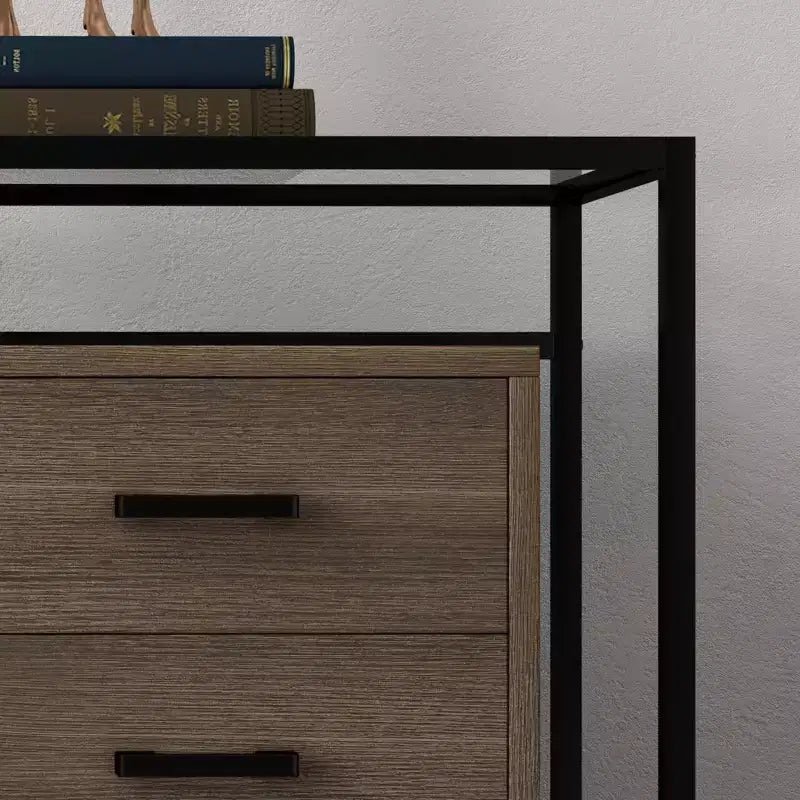 Meuble de rangement, six tiroirs, verre trempé et base en bois, cadre en acier durable et tiroirs spacieux, convient pour le salon, l'entrée, la chambre à coucher.